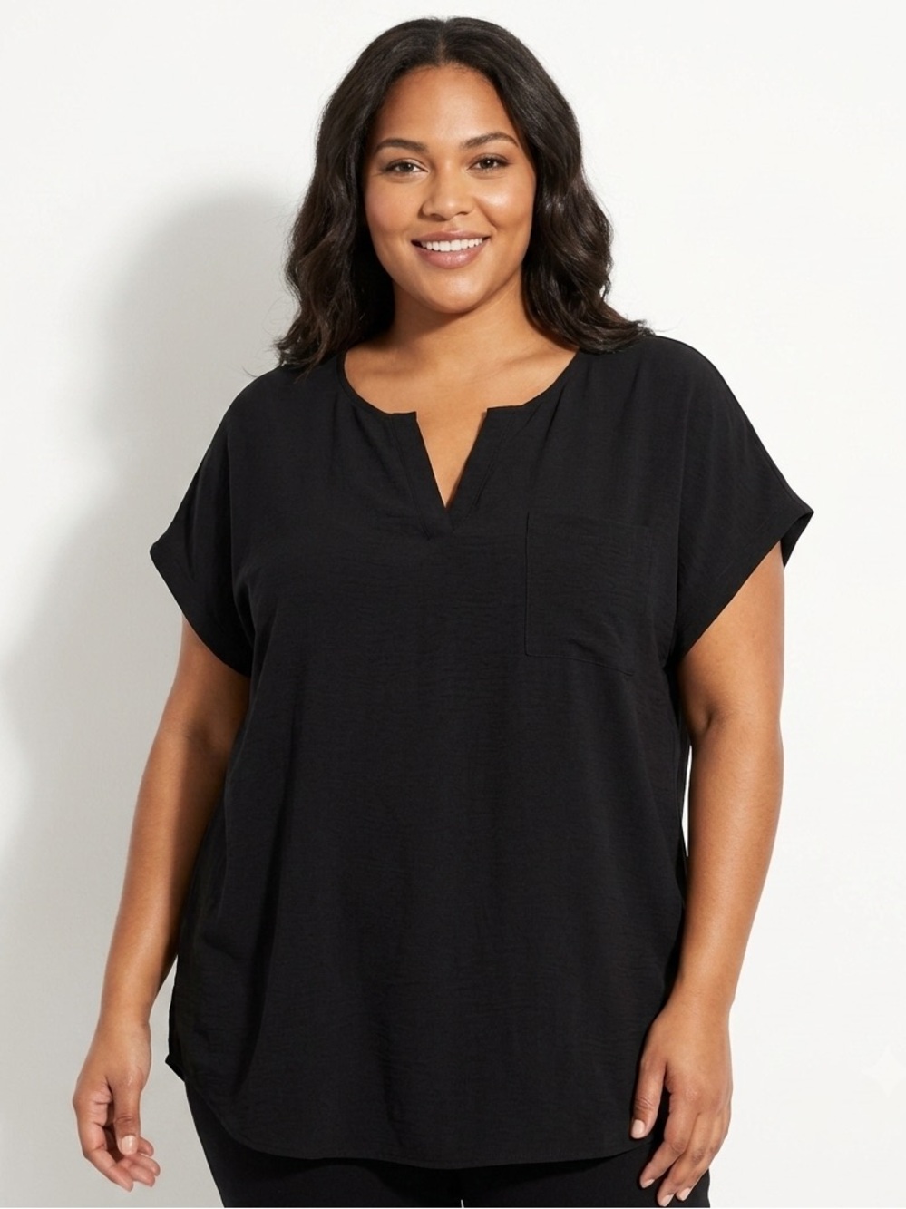 Zenobia Black Split-Neck Short-Sleeve Tunic